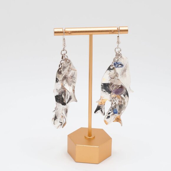 Vintage Sterling Silver Lapis Lazuli Amethyst Fish Dangle Earrings - Picture 4 of 6